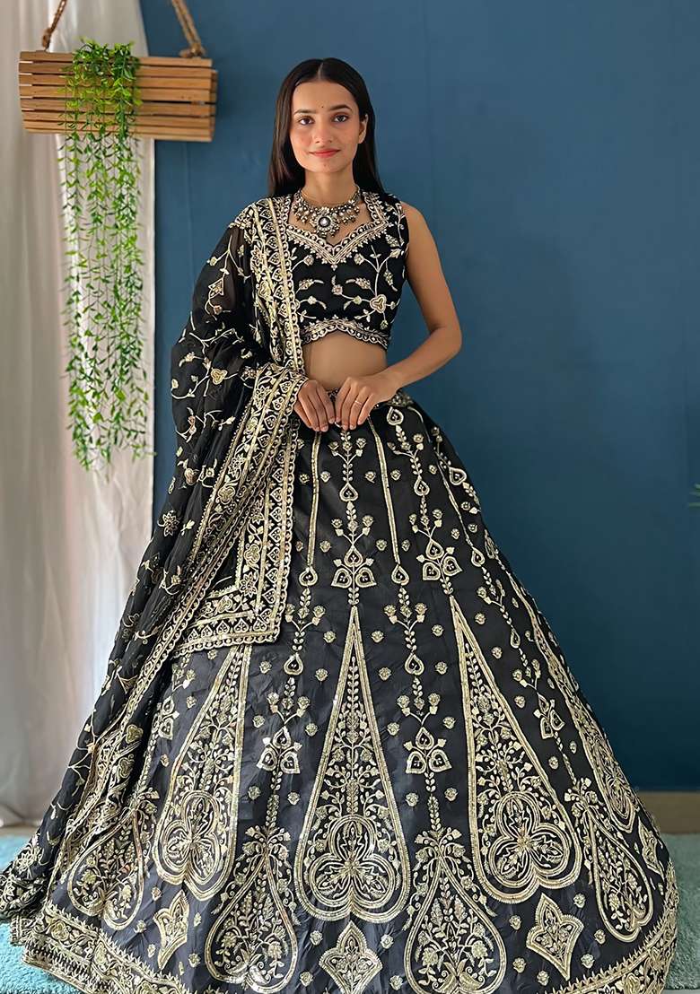 Black Sequence Embroidery Silk Lehenga Set With Dupatta for Diwali and Festive Wear - Indya