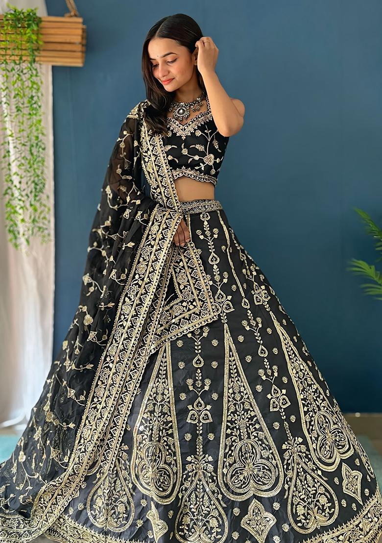 Black Sequence Embroidery Silk Lehenga Set With Dupatta - Indya