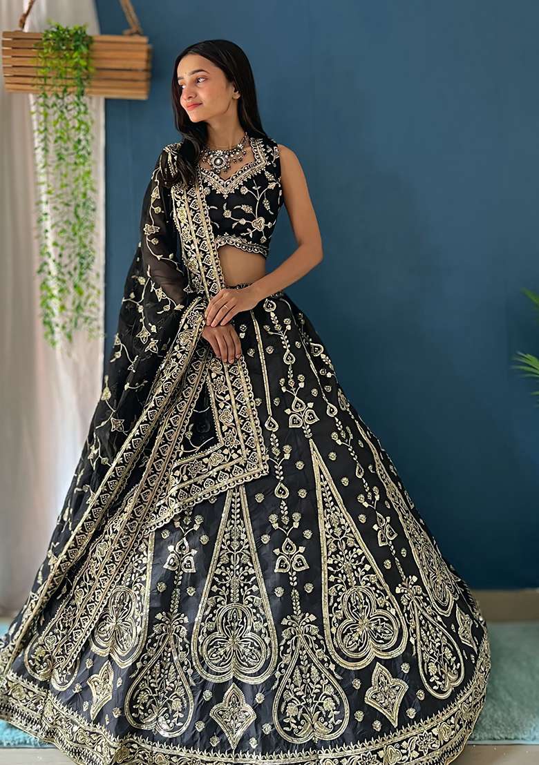 Black Sequence Embroidery Silk Lehenga Set With Dupatta for Diwali and Festive Wear - Indya