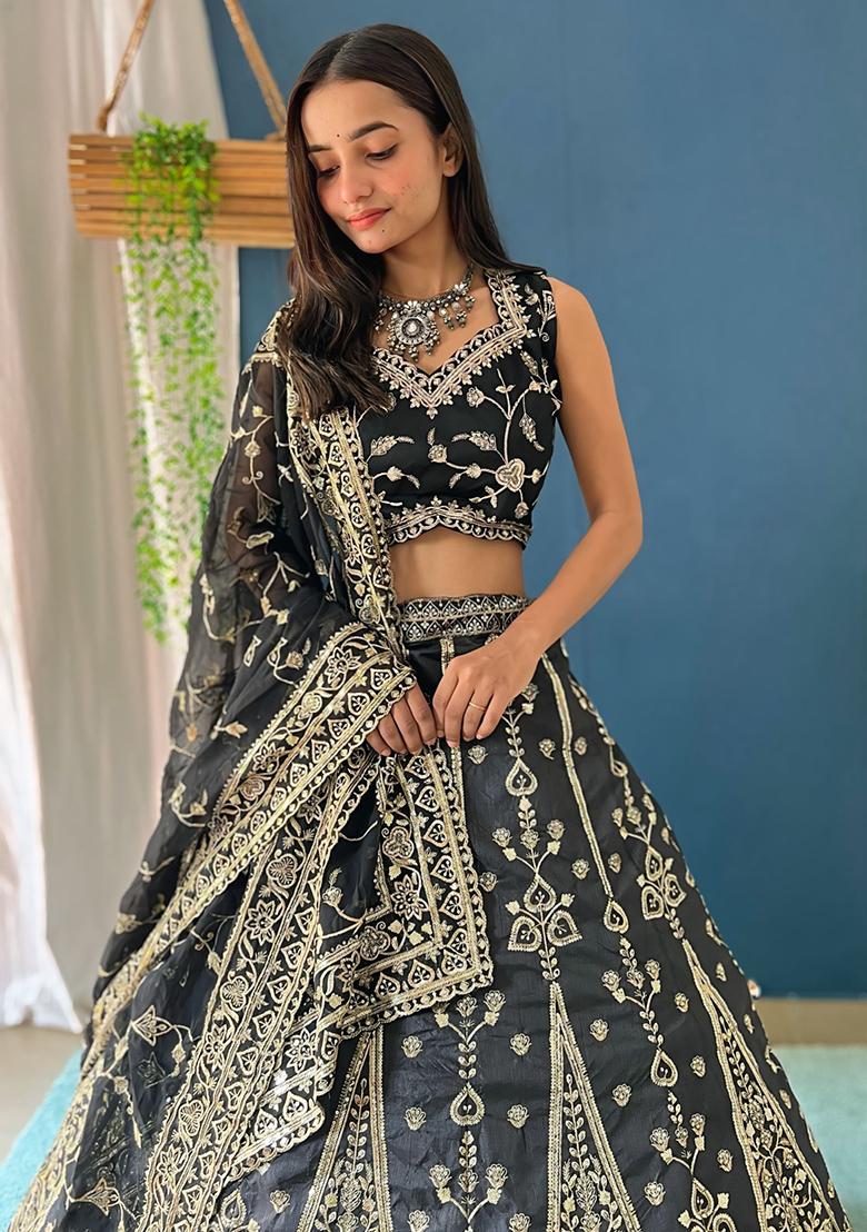 Black Sequence Embroidery Silk Lehenga Set With Dupatta - Indya