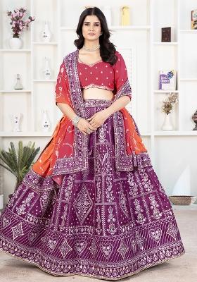 Wine Sequence Embroidery Silk Lehenga Set With Dupatta