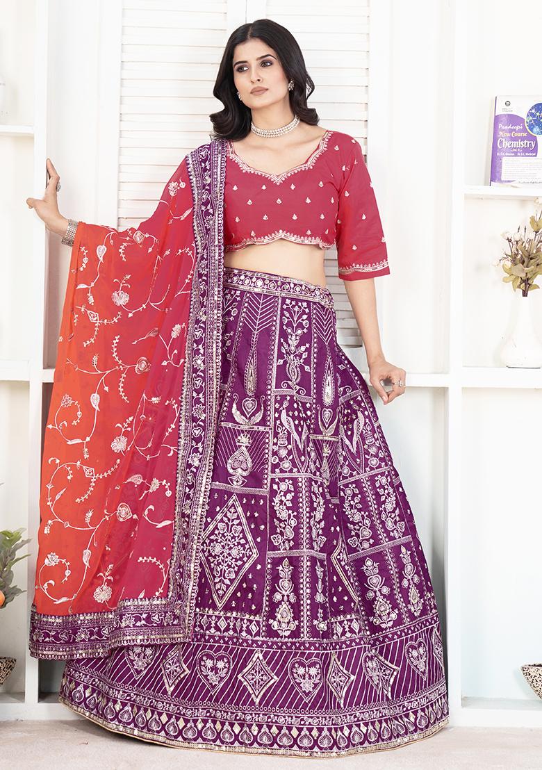 Wine Sequence Embroidery Silk Lehenga Set With Dupatta - Indya