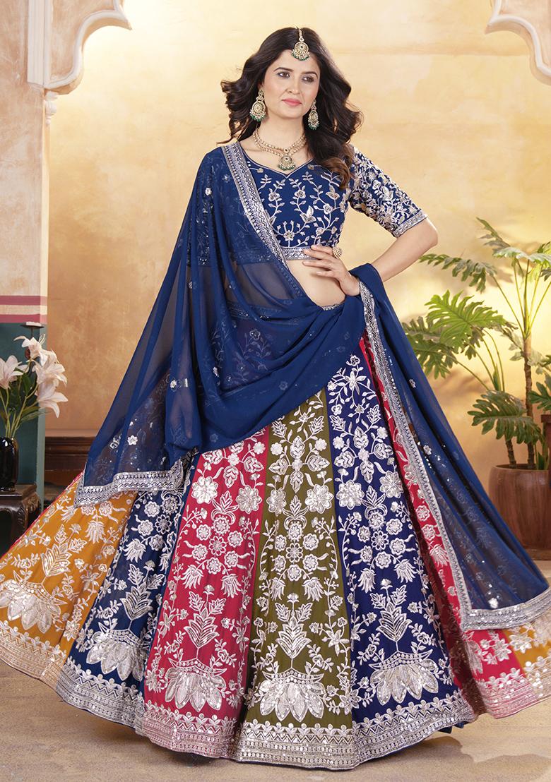 Multi Color Sequence Embroidery Georgette Lehenga Set With Dupatta - Indya
