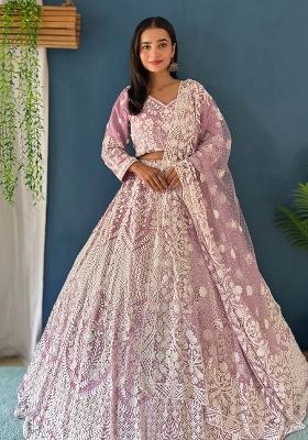 Pink Embroidered Net Lehenga Set With Dupatta