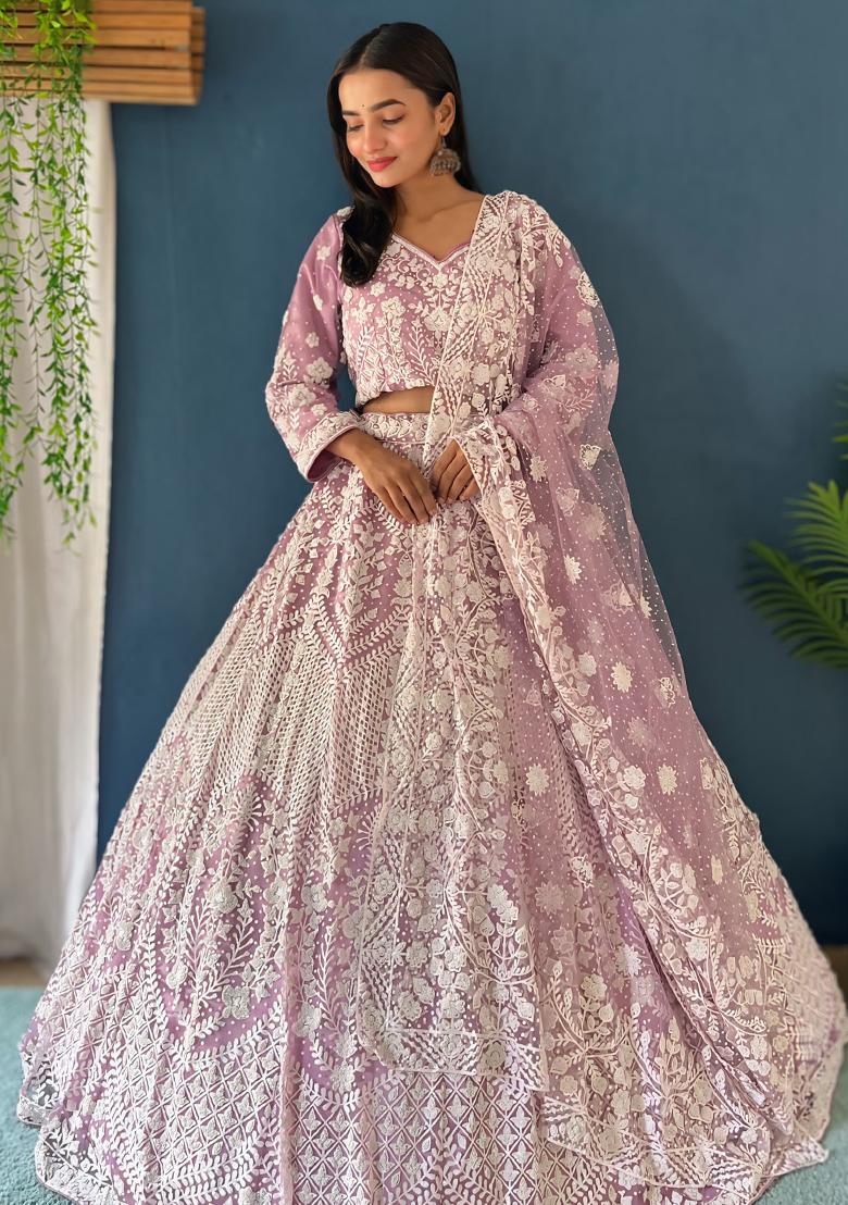 Pink Embroidered Net Lehenga Set With Dupatta - Indya
