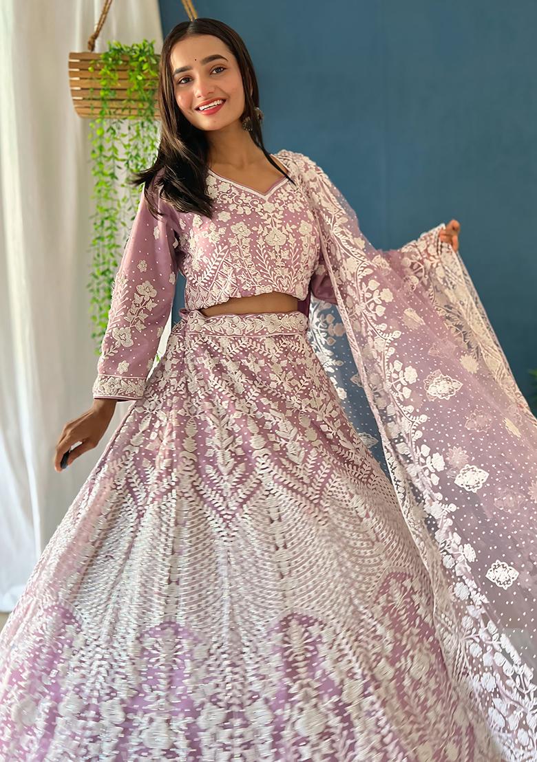 Pink Embroidered Net Lehenga Set With Dupatta - Indya