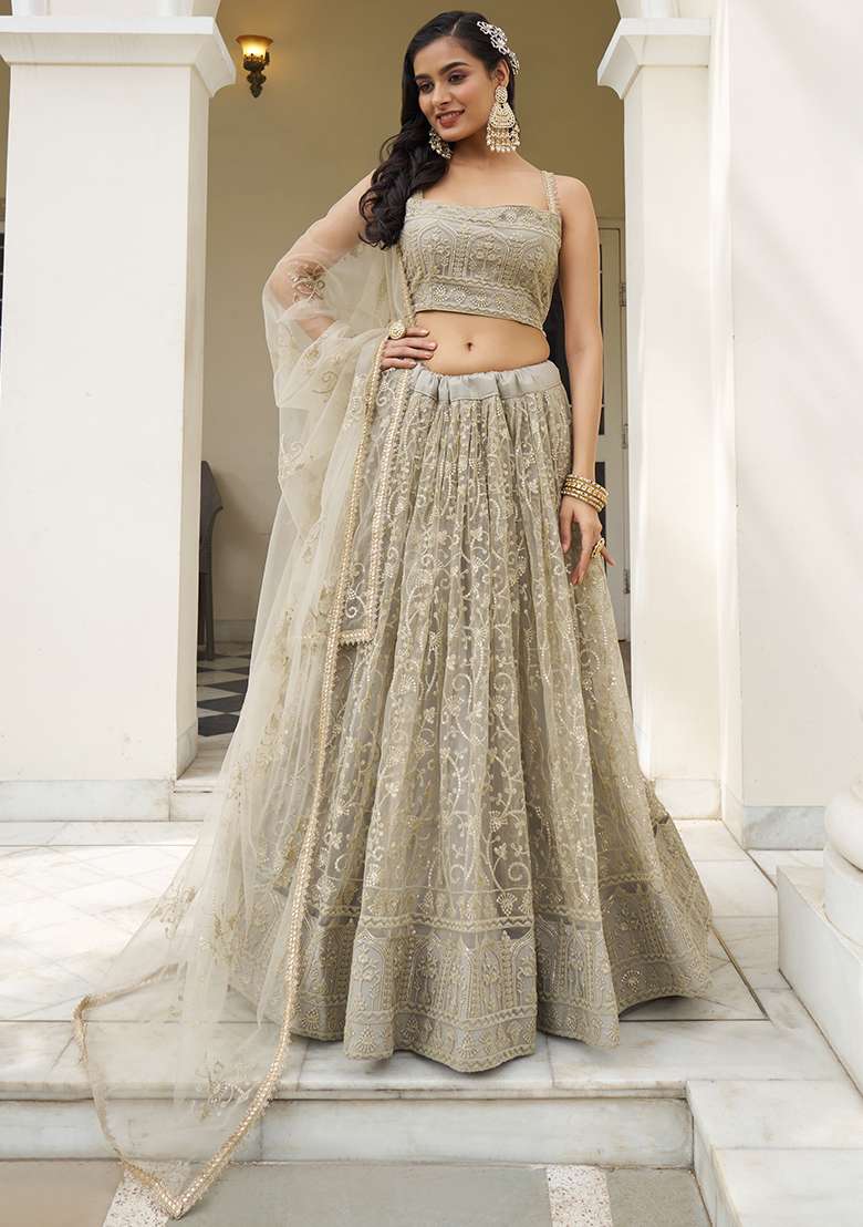 Ivory Zari Butterfly Net Lehenga Set with Embroidered & Sequin for Diwali | Wedding & Festive Wear - Indya
