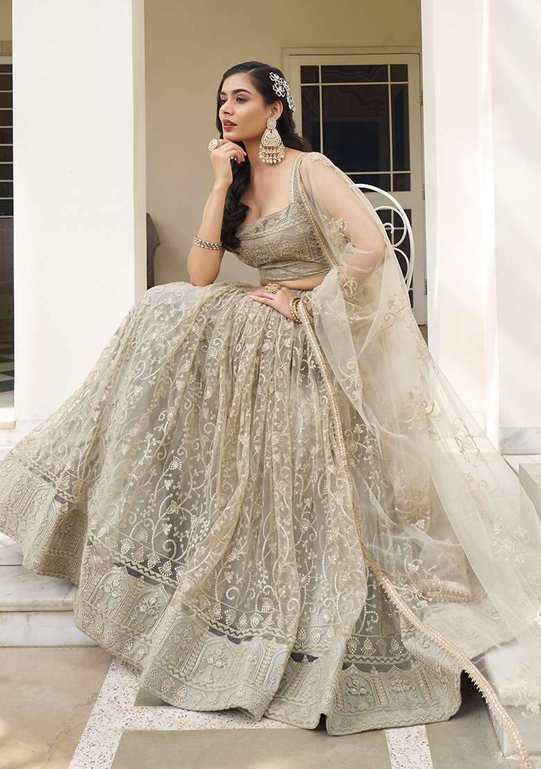 Ivory Zari Butterfly Net Lehenga Set with Embroidered & Sequin for Diwali | Wedding & Festive Wear - Indya