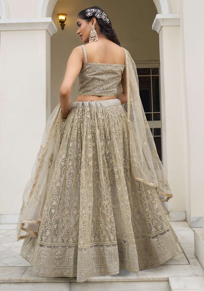 Ivory Zari Butterfly Net Lehenga Set with Embroidered & Sequin for Diwali | Wedding & Festive Wear - Indya