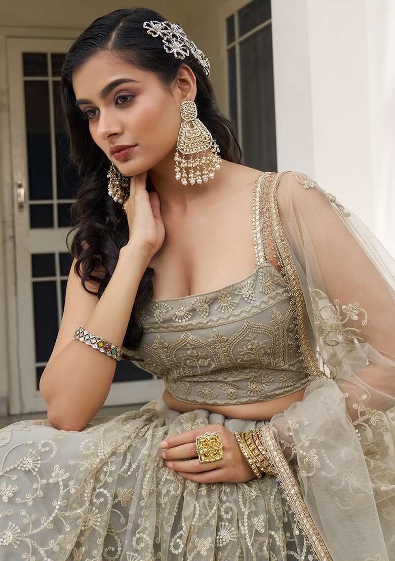 Ivory Zari Butterfly Net Lehenga Set with Embroidered & Sequin for Diwali | Wedding & Festive Wear - Indya