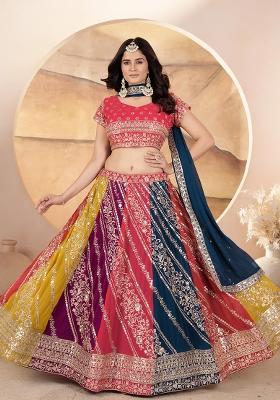 Multi Color Sequence Embroidery Georgette Lehenga Set With Dupatta