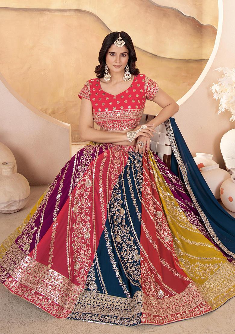 Multi Color Sequence Embroidery Georgette Lehenga Set With Dupatta - Indya
