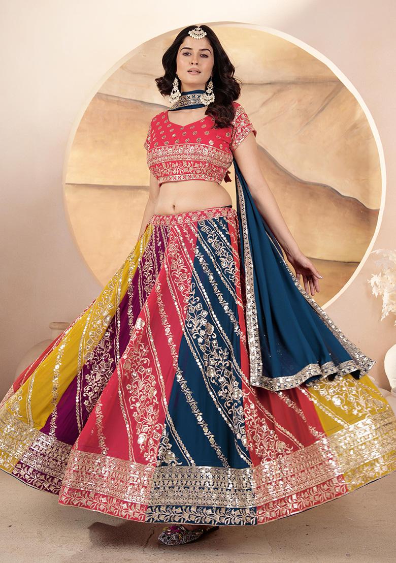 Multi Color Sequence Embroidery Georgette Lehenga Set With Dupatta - Indya