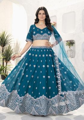 Blue Sequence Embroidery Net Lehenga Set With Dupatta