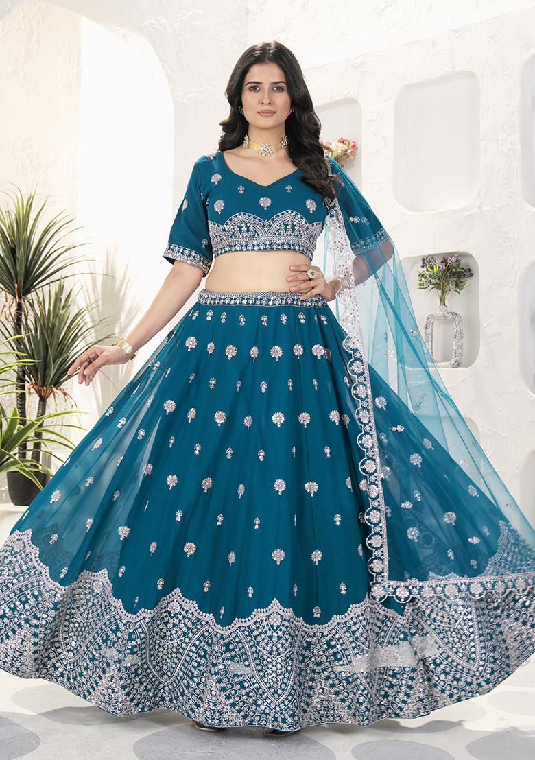 Blue Sequence Embroidery Net Lehenga Set With Dupatta - Indya