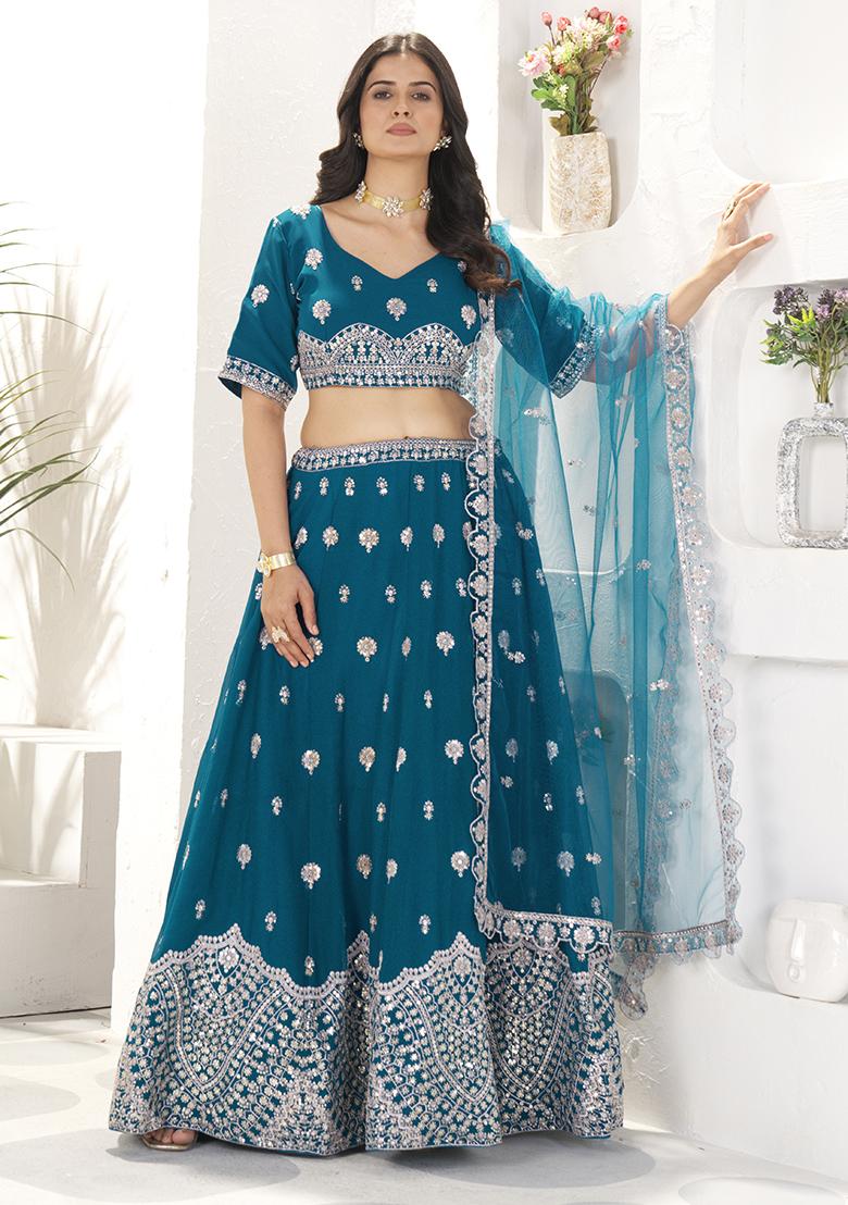 Blue Sequence Embroidery Net Lehenga Set With Dupatta