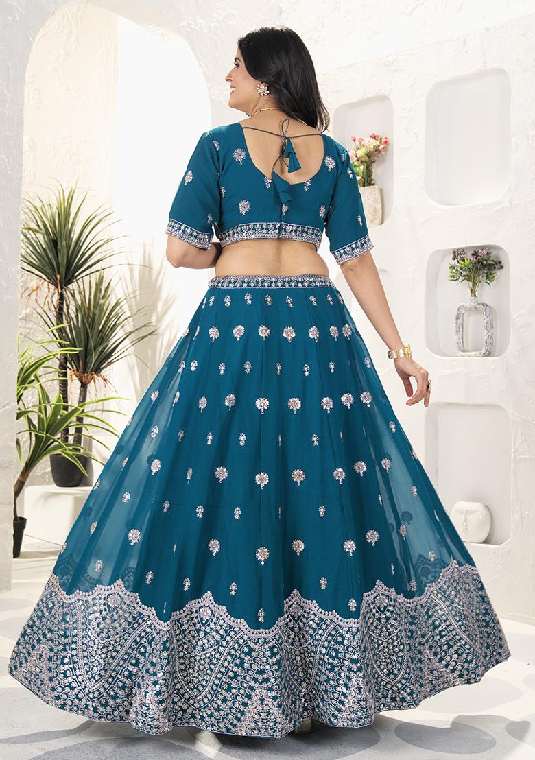 Blue Sequence Embroidery Net Lehenga Set With Dupatta - Indya