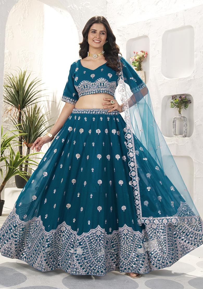 Blue Sequence Embroidery Net Lehenga Set With Dupatta