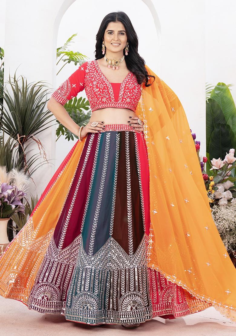 Multi Color Sequence Embroidery Georgette Lehenga Set With Dupatta - Indya