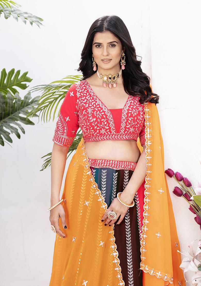 Multi Color Sequence Embroidery Georgette Lehenga Set With Dupatta - Indya