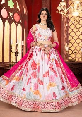 White Sequence Embroidery Chinon Lehenga Set With Dupatta