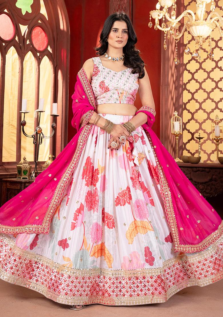 White Sequence Embroidery Chinon Lehenga Set With Dupatta - Indya