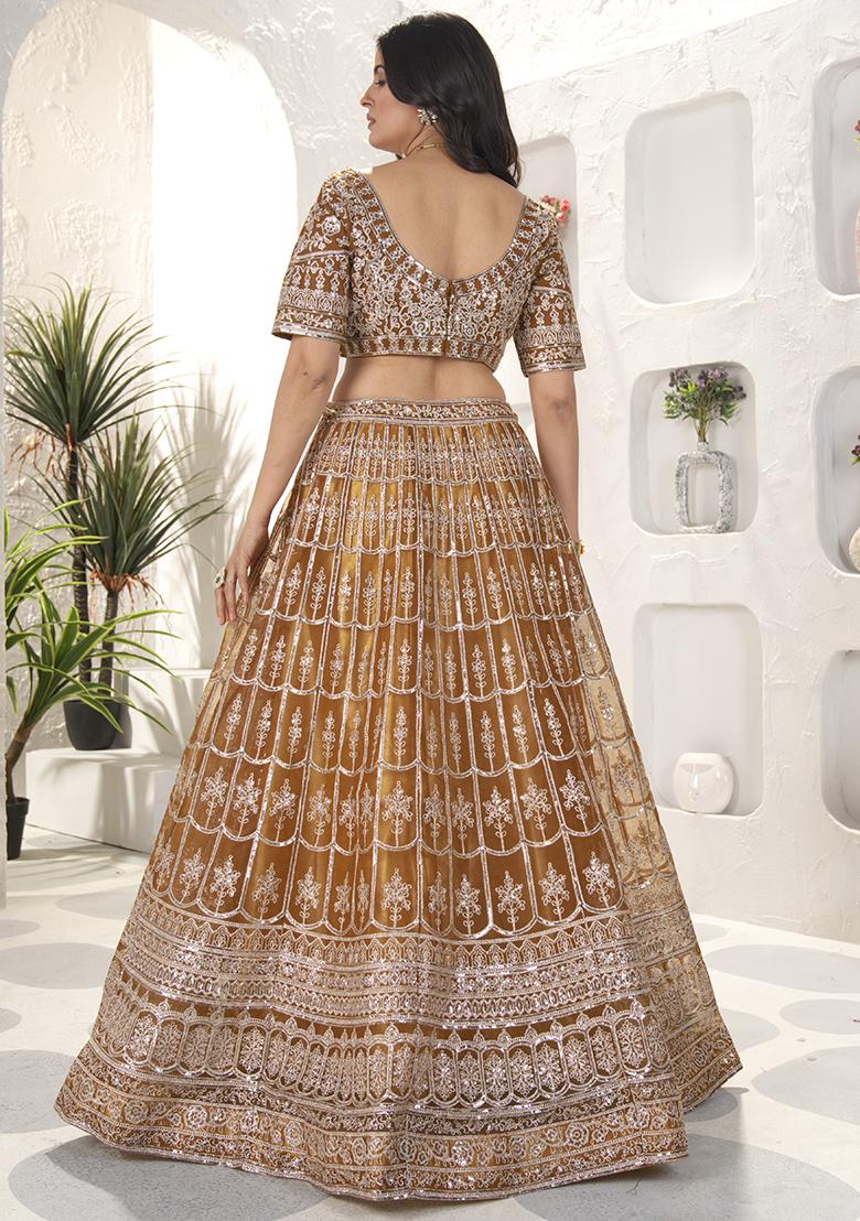 Brown Sequence Embroidery Net Lehenga Set With Dupatta