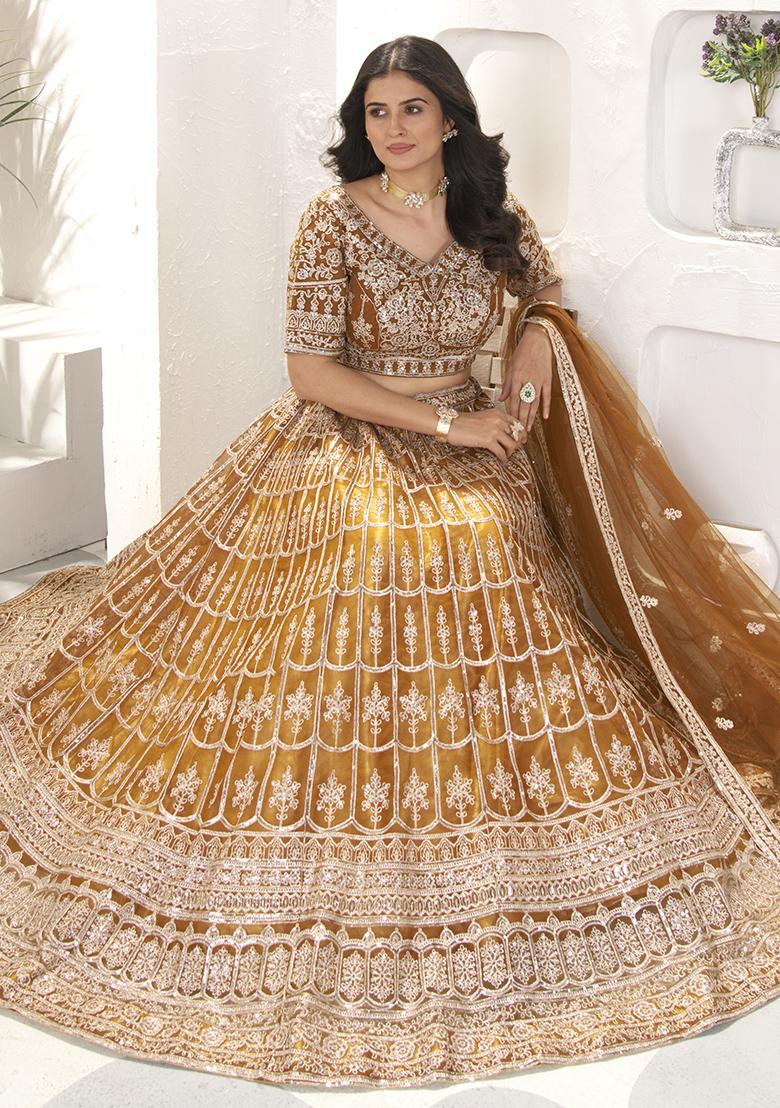 Brown Sequence Embroidery Net Lehenga Set With Dupatta - Indya