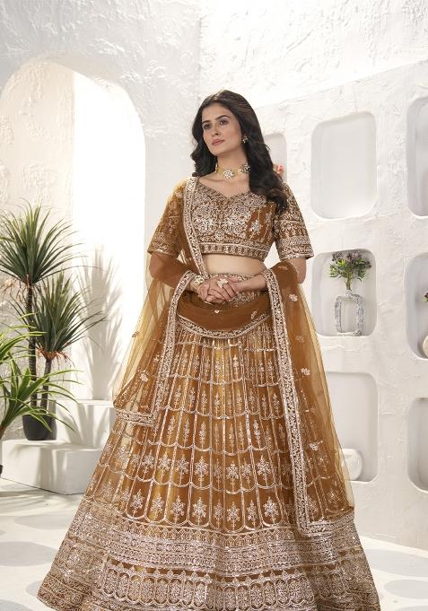 Brown Sequence Embroidery Net Lehenga Set With Dupatta