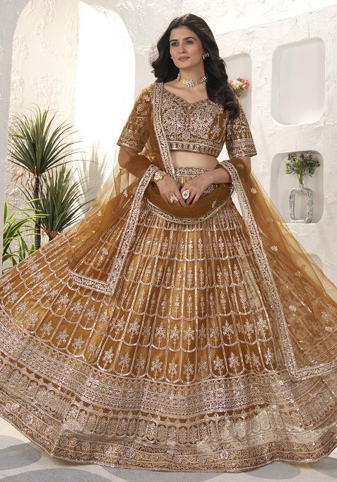 Brown Sequence Embroidery Net Lehenga Set With Dupatta
