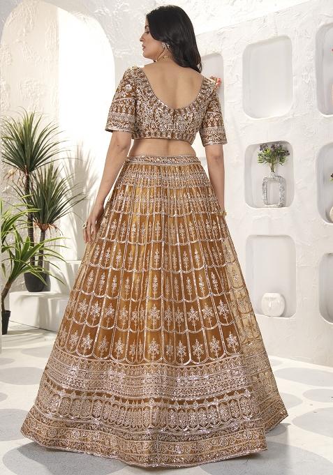 Brown Sequence Embroidery Net Lehenga Set With Dupatta