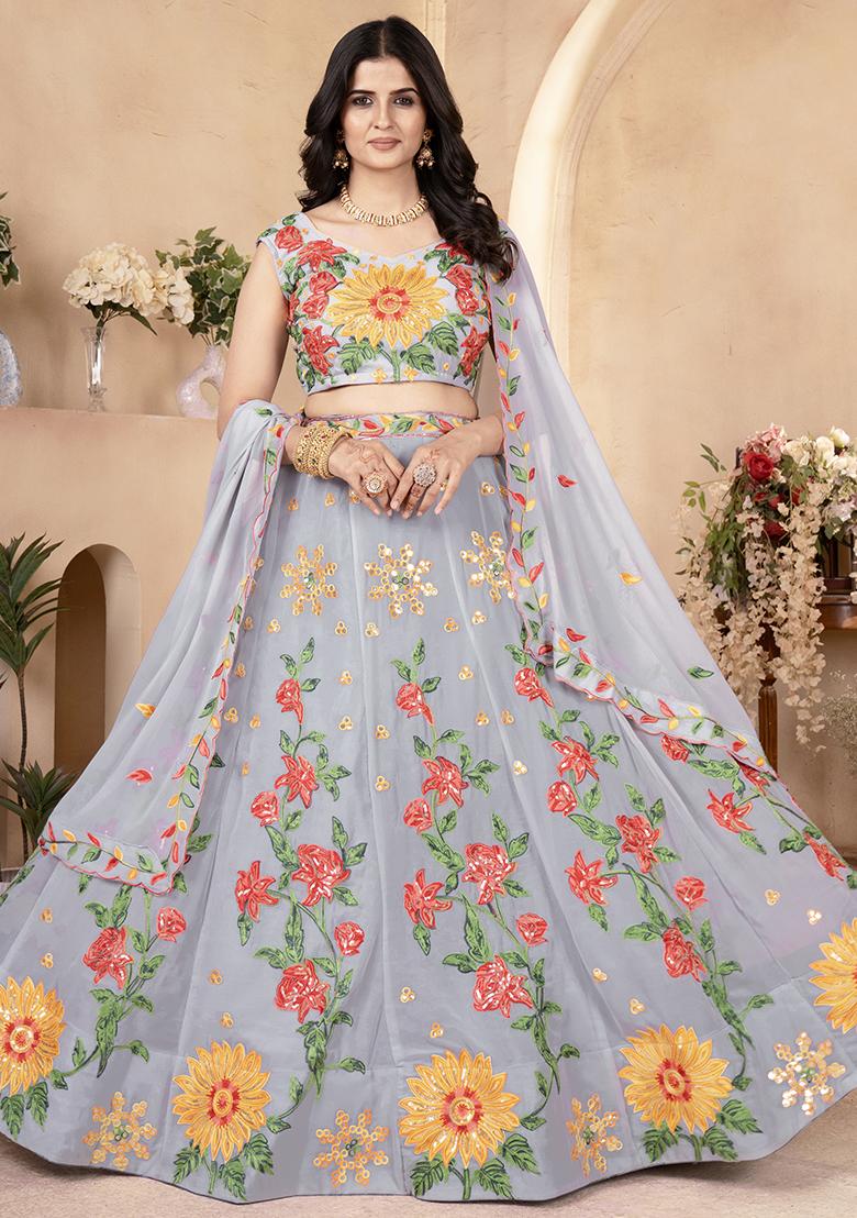 Grey Sequence Embroidery Georgette Lehenga Set With Dupatta - Indya
