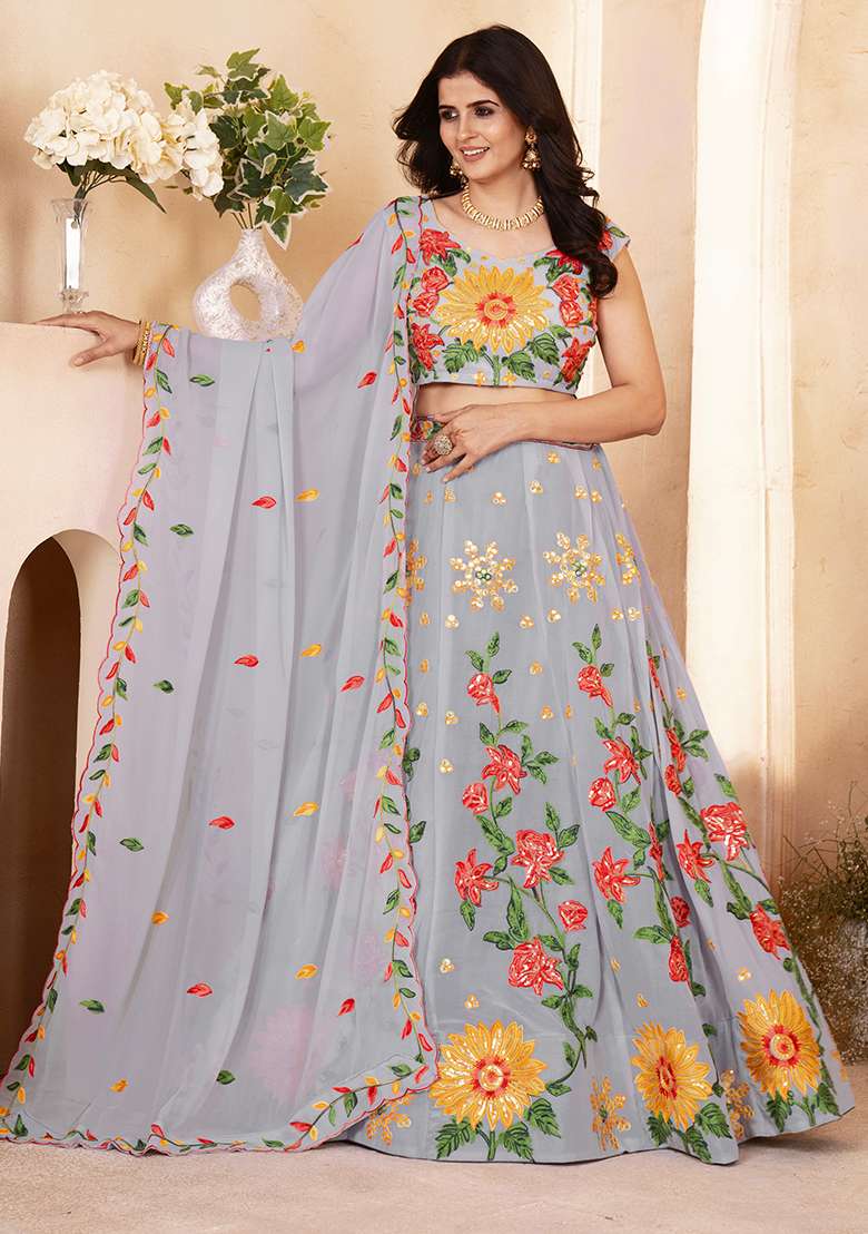 Grey Sequence Embroidery Georgette Lehenga Set With Dupatta for Diwali and Festive Wear - Indya