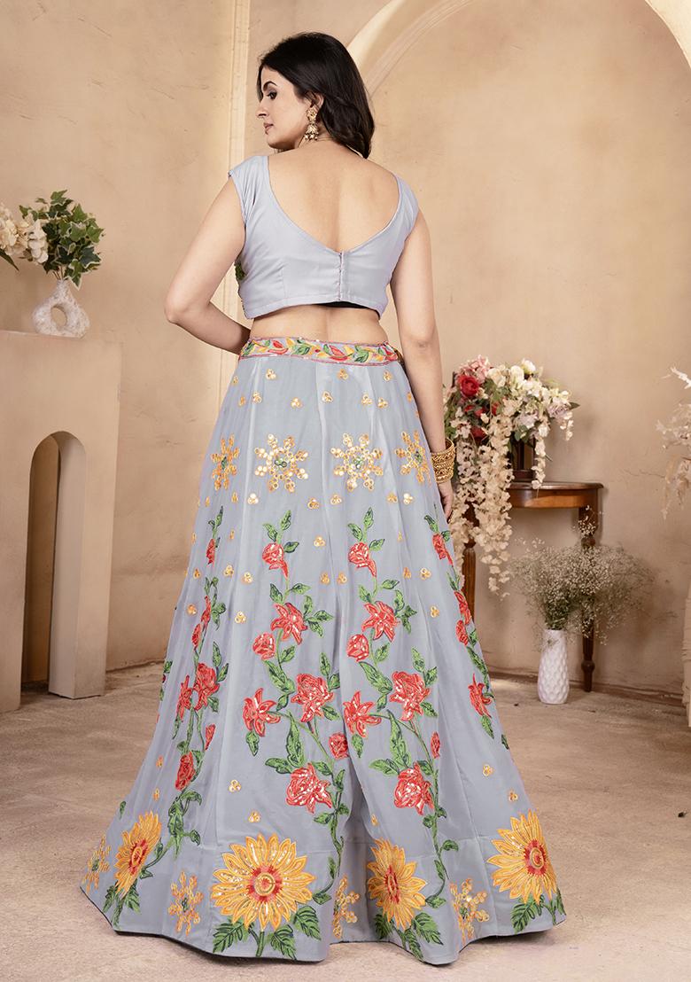 Grey Sequence Embroidery Georgette Lehenga Set With Dupatta - Indya