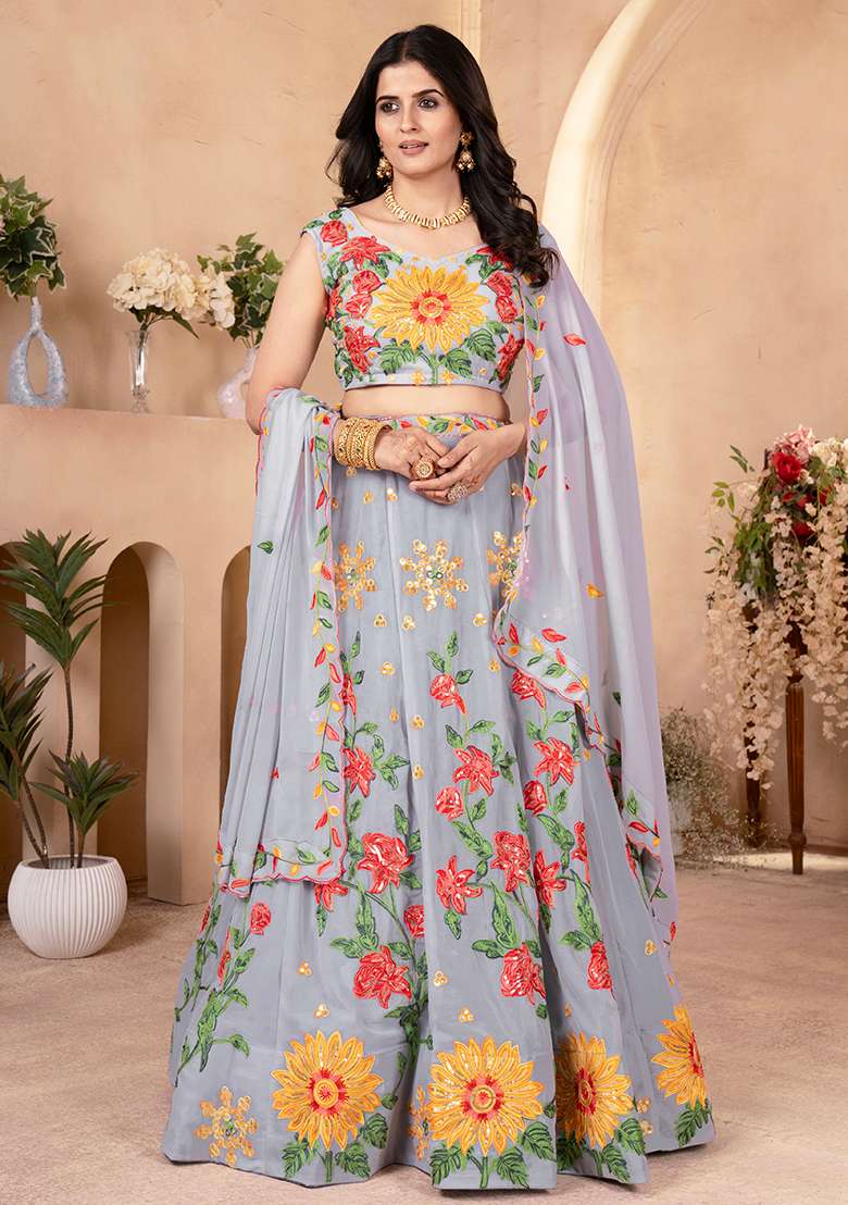 Grey Sequence Embroidery Georgette Lehenga Set With Dupatta for Diwali and Festive Wear - Indya
