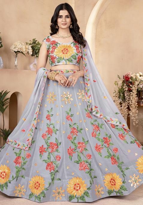 Grey Sequence Embroidery Georgette Lehenga Set With Dupatta