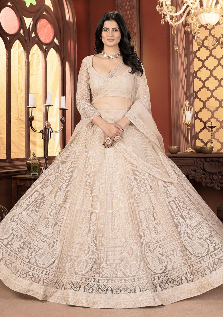 White Sequence Embroidery Net Lehenga Set With Dupatta - Indya