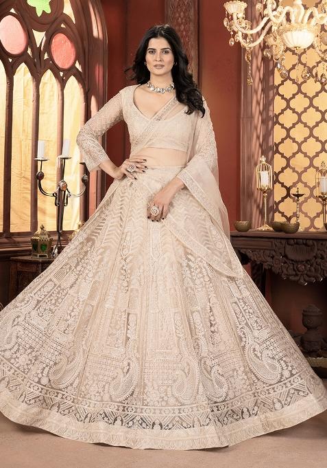 White Sequence Embroidery Net Lehenga Set With Dupatta