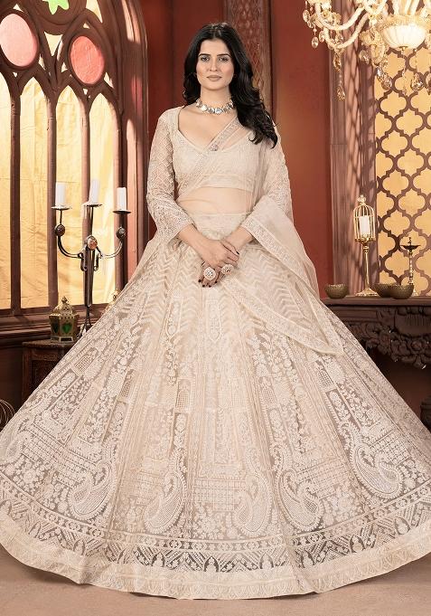 White Sequence Embroidery Net Lehenga Set With Dupatta