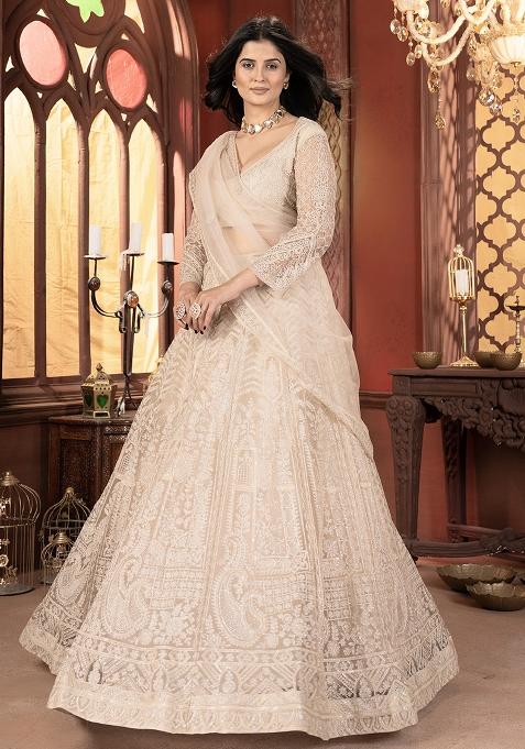 White Sequence Embroidery Net Lehenga Set With Dupatta