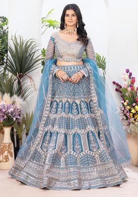 Blue Sequence Embroidery Net Lehenga Set With Dupatta