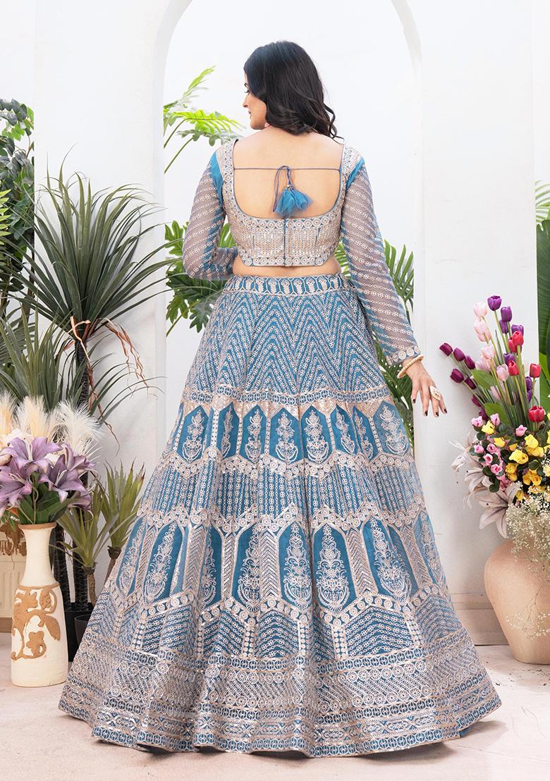 Blue Sequence Embroidery Net Lehenga Set With Dupatta