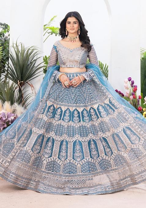 Blue Sequence Embroidery Net Lehenga Set With Dupatta
