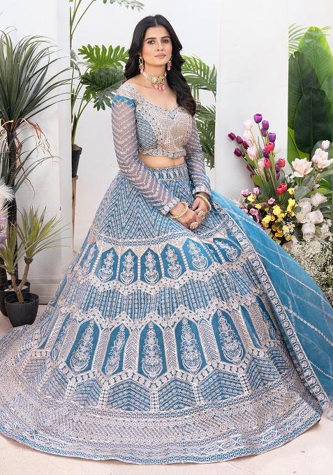Blue Sequence Embroidery Net Lehenga Set With Dupatta