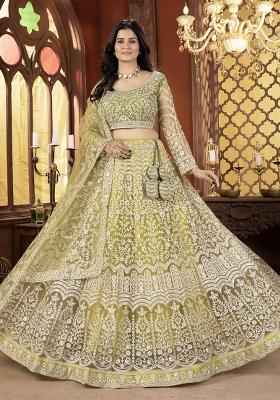 Green Embroidered Net Lehenga Set With Dupatta