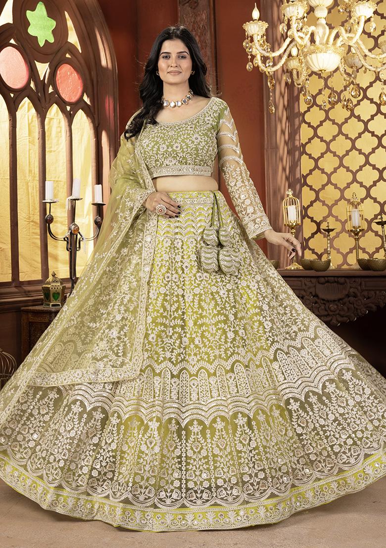 Green Embroidered Net Lehenga Set With Dupatta