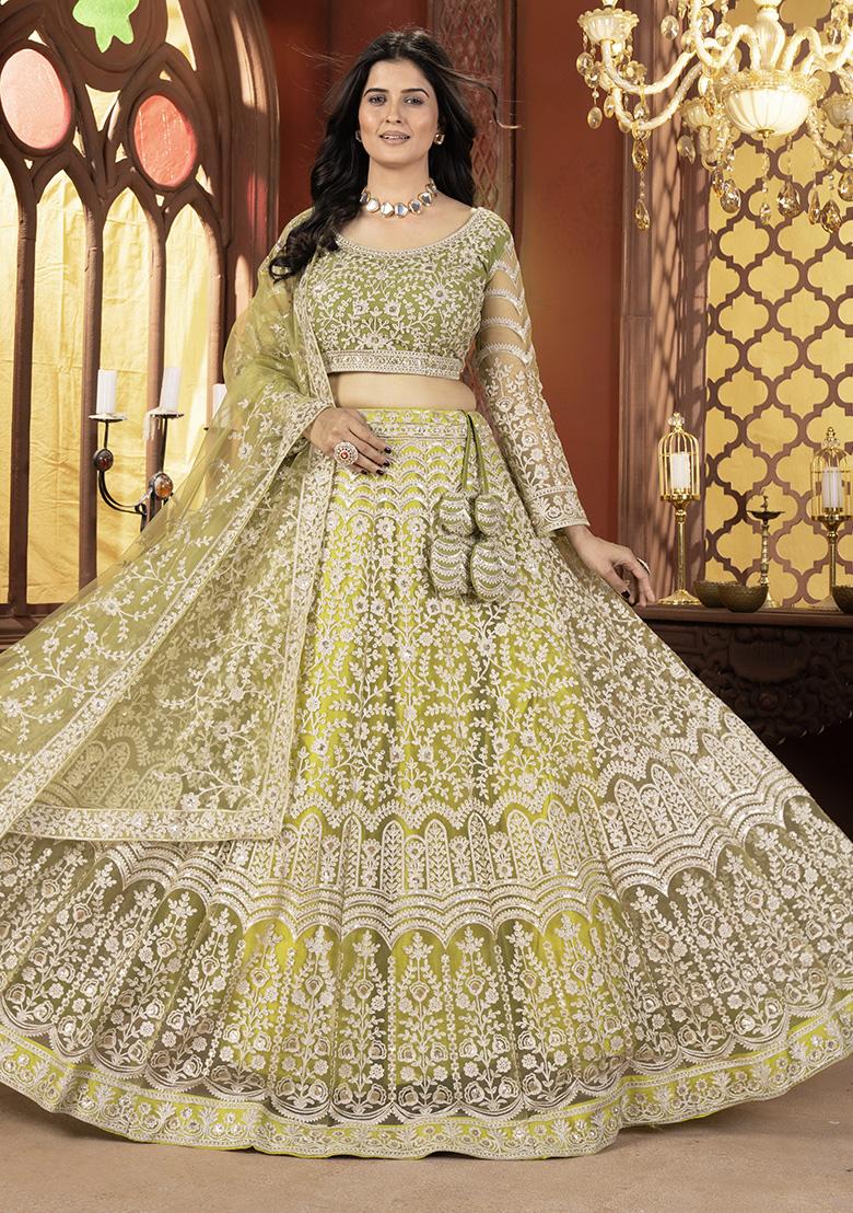 Green Embroidered Net Lehenga Set With Dupatta