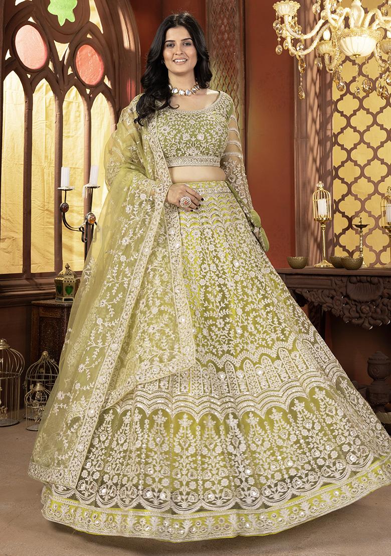 Green Embroidered Net Lehenga Set With Dupatta