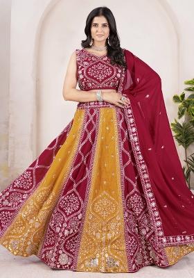 Red Sequence Embroidery Silk Lehenga Set With Dupatta