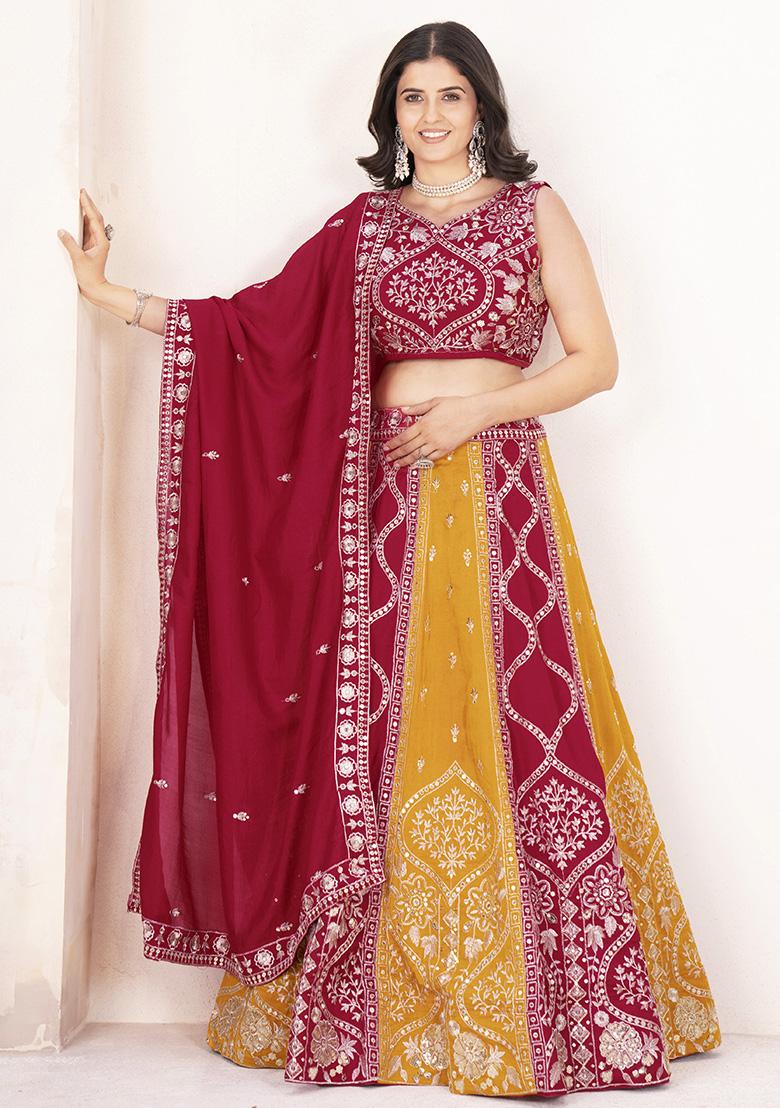 Red Sequence Embroidery Silk Lehenga Set With Dupatta - Indya